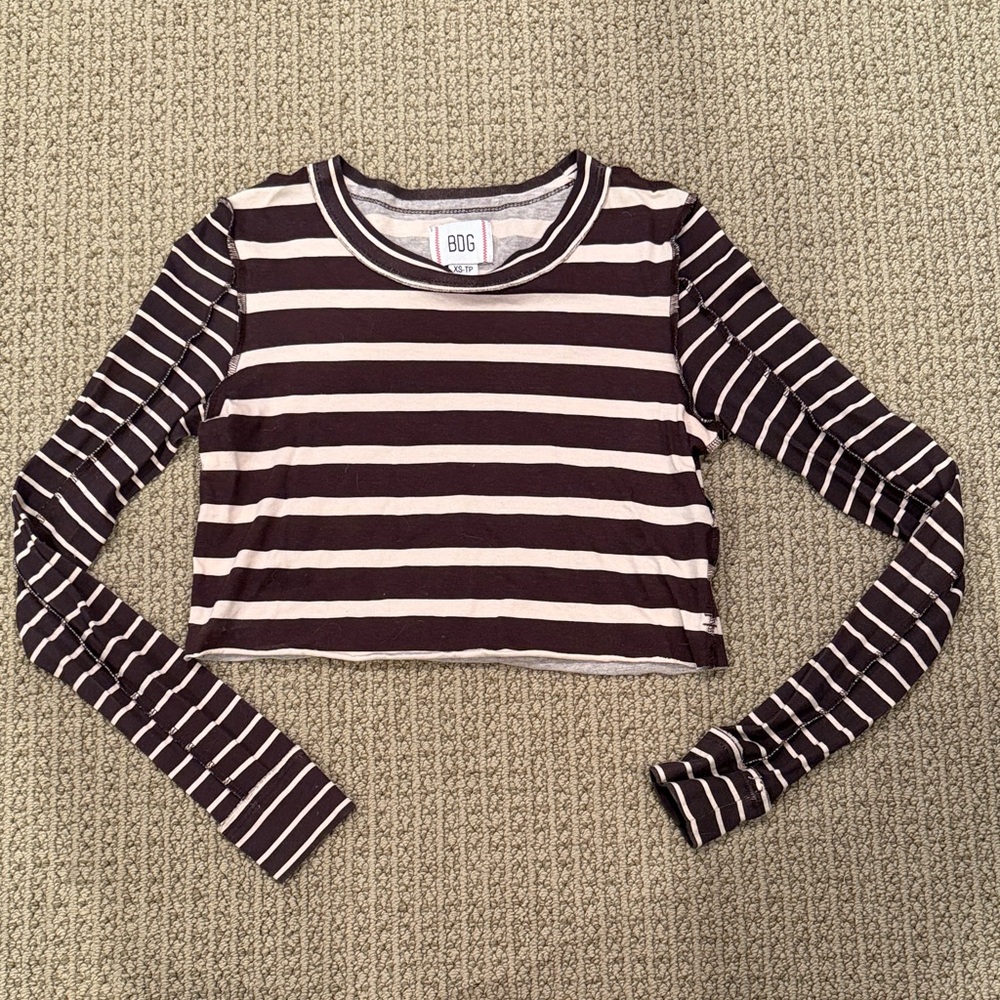 BDG Striped Long Sleeve Crop Top in Brown and Cream